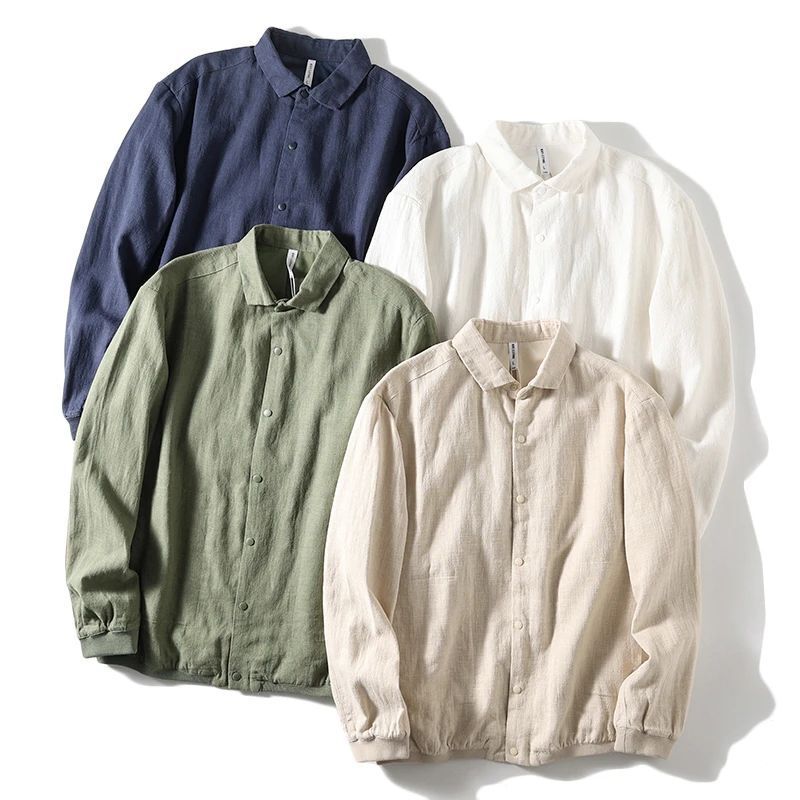 Retro simple cotton and linen blended men's solid color cool comfortable Ramie breathable lapel long sleeve jacket trendy men's jacket