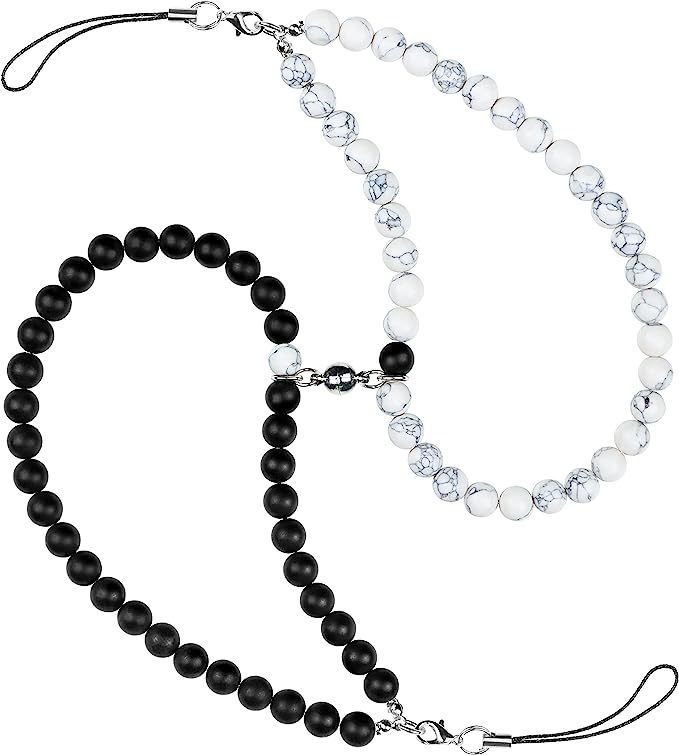 Couple Phone Locket Mobile Phone Lanyard Relationship Wristband Natural Gem Beaded Keychain for Him and Her