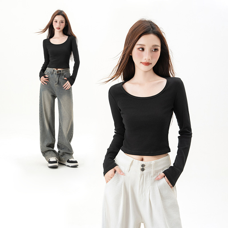 Black Round Neck Bottoming Shirt for Women with Long Sleeves 2025 Autumn and Winter New Style Navel-Baring Slim Fashion Versatile Short Top