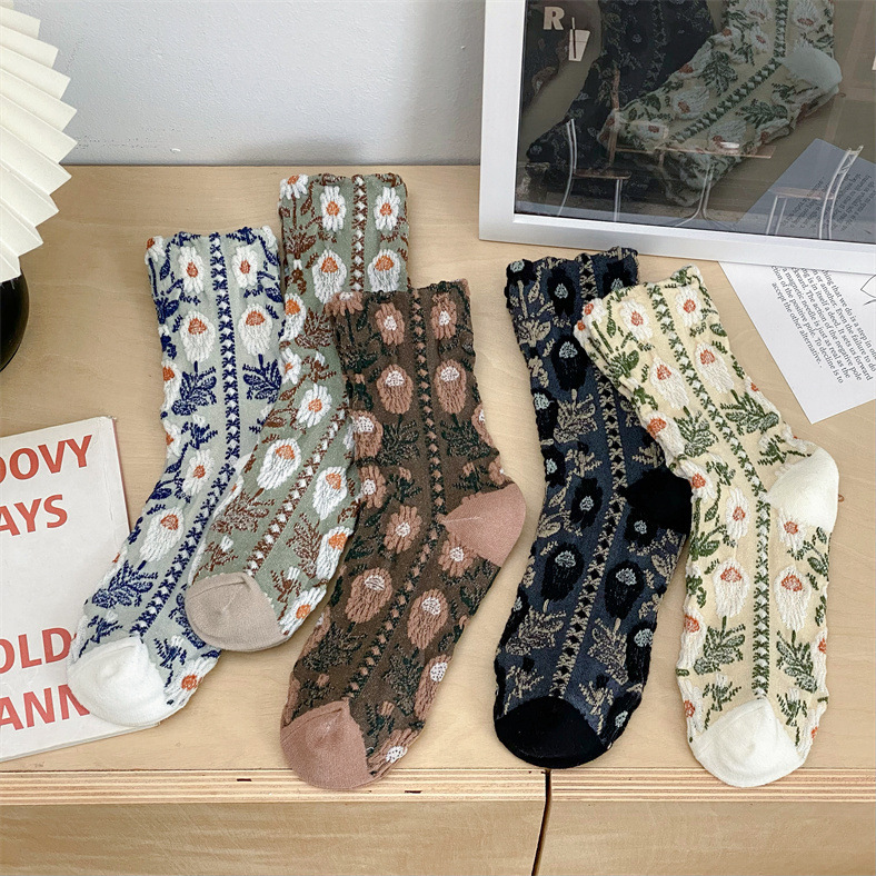 Boots for Autumn and Winter New Vintage Embossed Stitching Flower Niche Korean Style Mid-tube Women's Socks Mori Style Girl's Stacked Socks Boots for Autumn and Winter New Vintage Embossed Stitching Flower Niche Korean Style Mid-tube Women's Socks Mori Style Girl's Stacked Socks