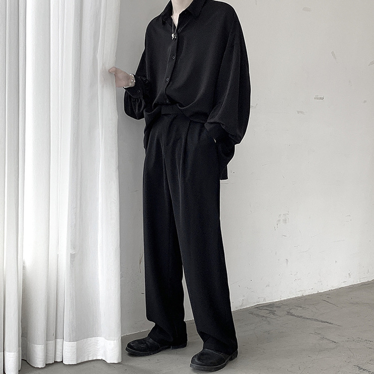 Primavera y otoño Nuevo estilo coreano de moda casual Camisa de manga larga de los hombres floja dobladillo plisado camisa uniforme DK