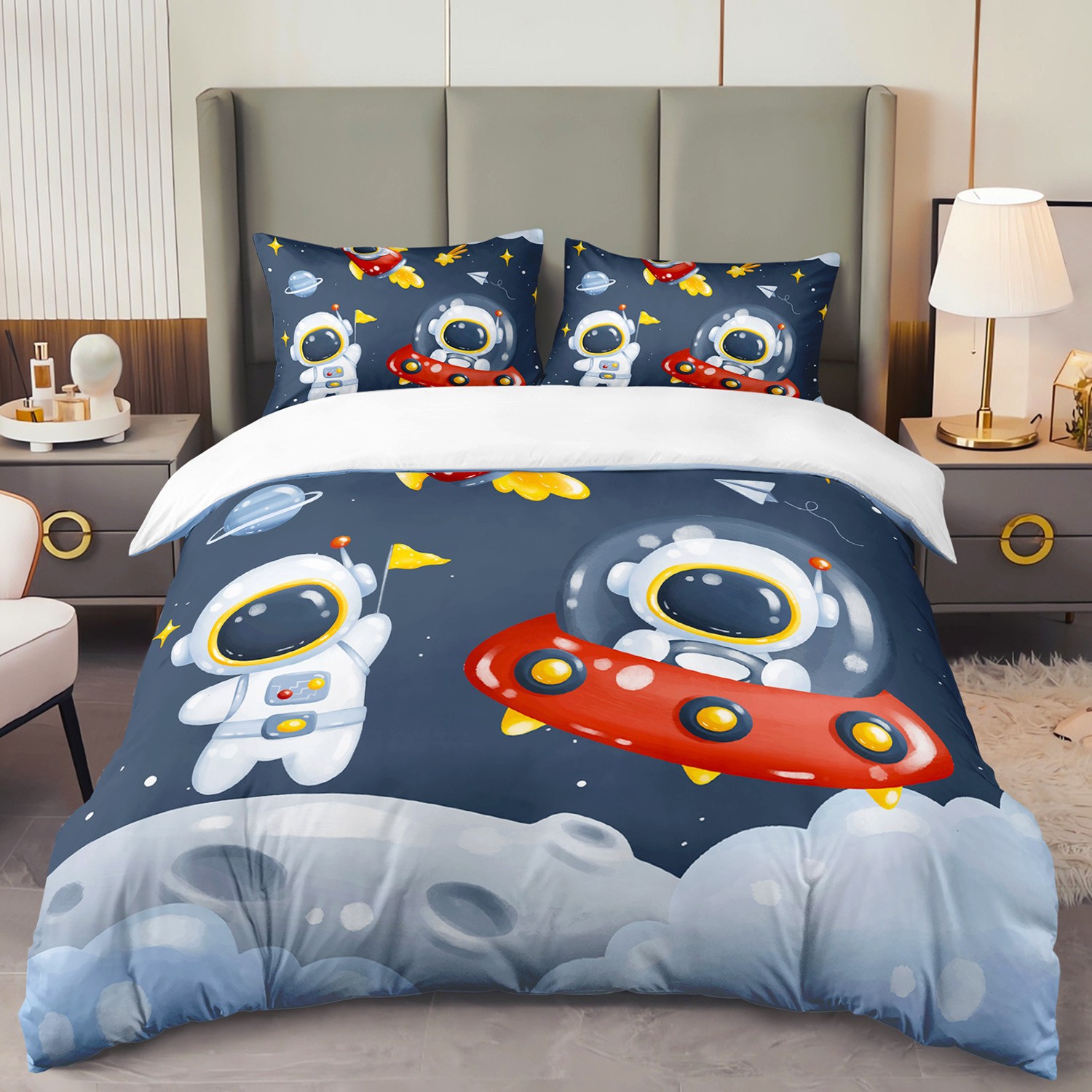 Cartoon Astronaut Digital Printed Edredon Kit Textile Transpirable Transfronterizo Fuente TEMU / JIT