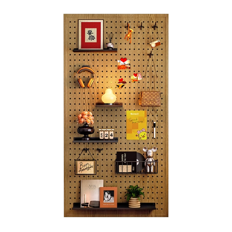 Tablero de agujero de color de madera maciza, estante de pared, forma de entrada, pared, almacenamiento de pared, accesorios de exhibición de metal