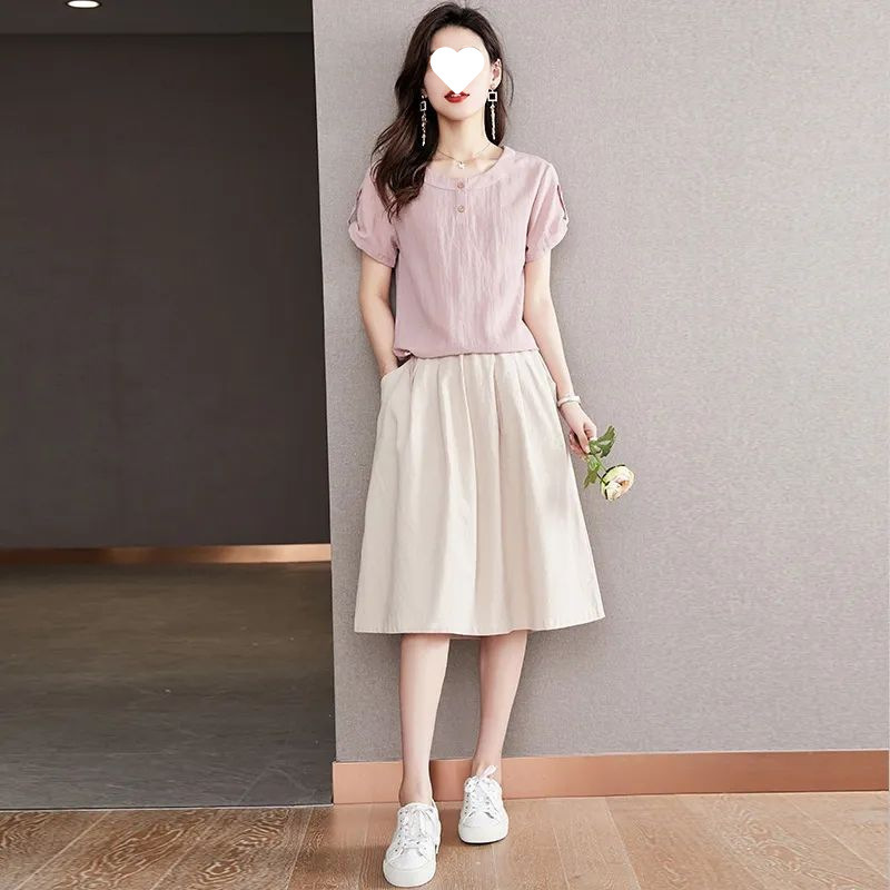 法式连衣裙女两件套纯棉夏季2025新款衬衫上衣遮肉显瘦简约半身裙|undefined