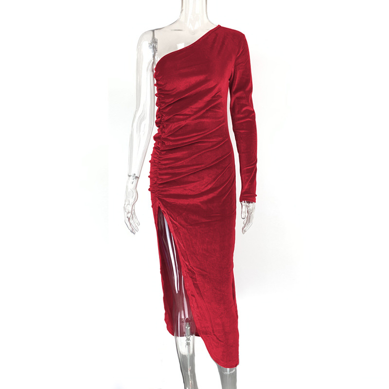 Damen Samtkleid Für Den Winter Sexy Schräges Schulter-design Slim_voghion.com