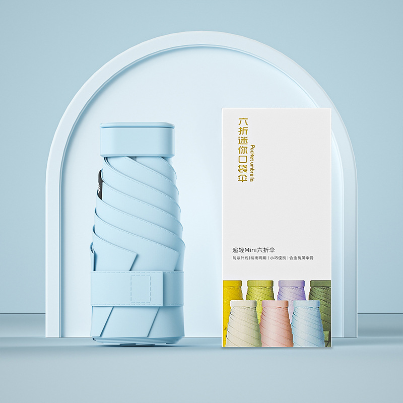 Protector solar creativo, vinilo, sombrilla, mini pequeño, seis paraguas, femenino, 40% de descuento, bolsa, sombrilla, lluvia y sombrilla de doble uso al por mayor