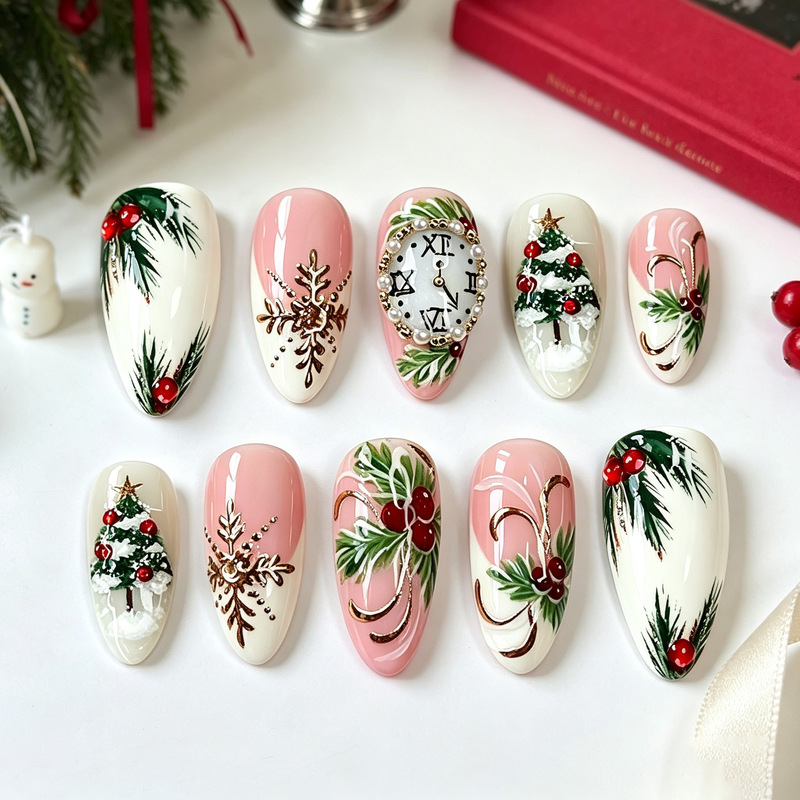 30 pieces of cross-border Christmas-themed nail art: gold-plated almond-shaped nail tips, Christmas tree and holly leaf designs, and clock-themed nail art 30 pieces of cross-border Christmas-themed nail art: gold-plated almond-shaped nail tips, Christmas tree and holly leaf designs, and clock-themed nail art