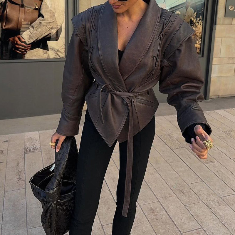 In-Stock Foreign Trade Cross-Border European and American Autumn New Style Street Fashion Retro Faux Leather Jacket with Lapel and Tie