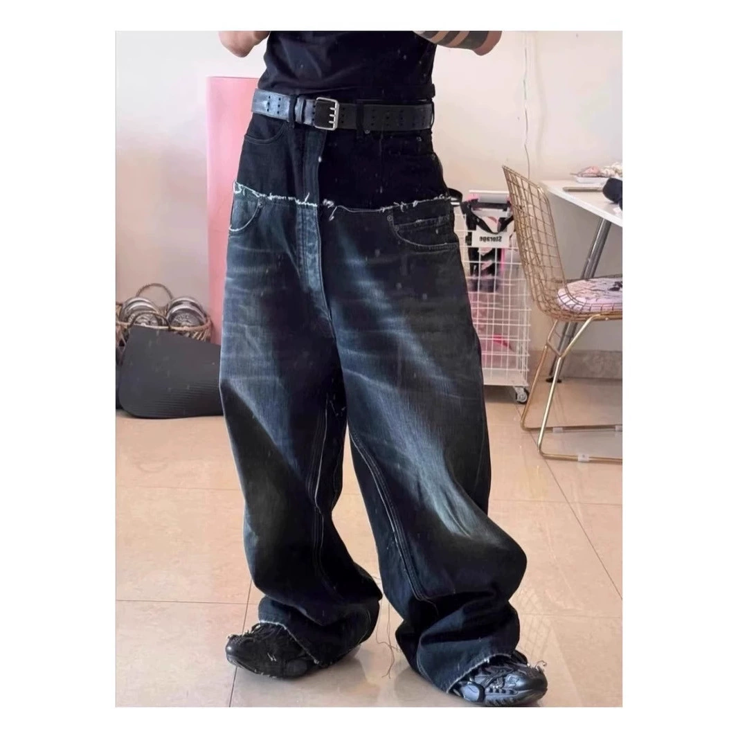 Высококачественные новые сверхпрочные широкие брюки из смолы, окрашенные в грязь, с морщинами и бородкой, черные и синие джинсовые длинные брюки унисекс, модные