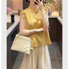 2025年超人気夏服、女性用の新しい中国風の黄色の国民風トップスとツーピースのスーツパンツの完全なセット