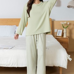纯色简约情侣睡衣秋季可外穿长袖长裤家居服套头圆领休闲宽松套装