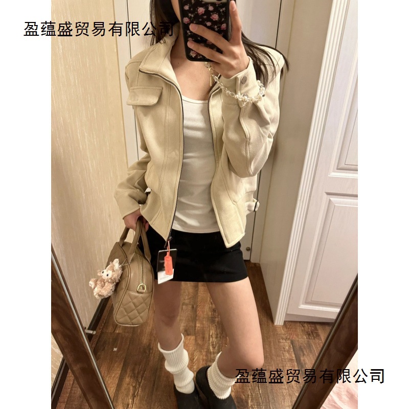 Vintage Short Suede Jacket for Women Spring 2025 New American Style Patchwork Design Versatile Motorcycle Jacket Top