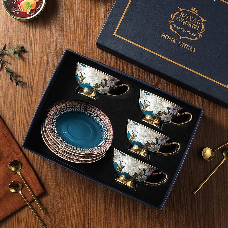 Conjunto de tazas y platos de café de porcelana de hueso, tazas de té de la tarde, caja de regalo de cumpleaños, regalo de boda.