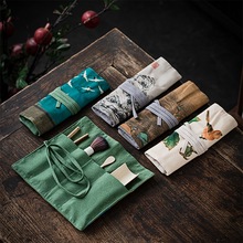 厂家批发中式加厚麻棉收纳旅行包布袋茶具六君子平铺化妆小布包