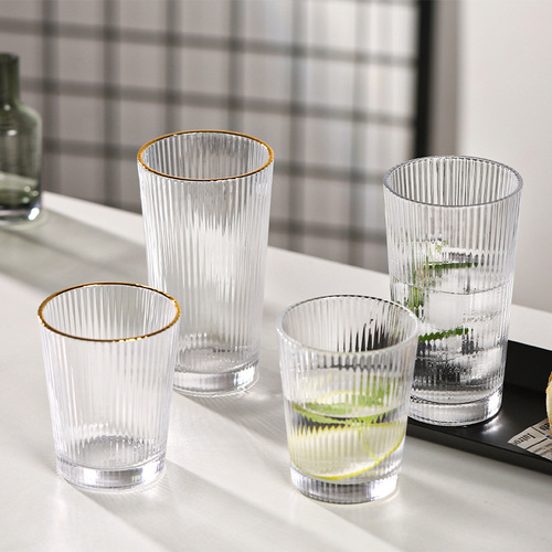 Ins-style glass cups, vintage cups, coffee cups, minimalist Japanese vertical striped water cups for women, fresh and cute