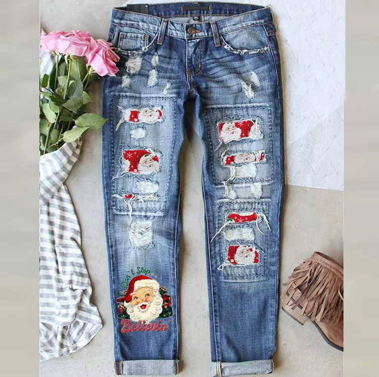 2022 Европейская и американская трансграничная независимая станция Amazon новые зимние рождественские джинсы с принтом рваные утолщенные брюки