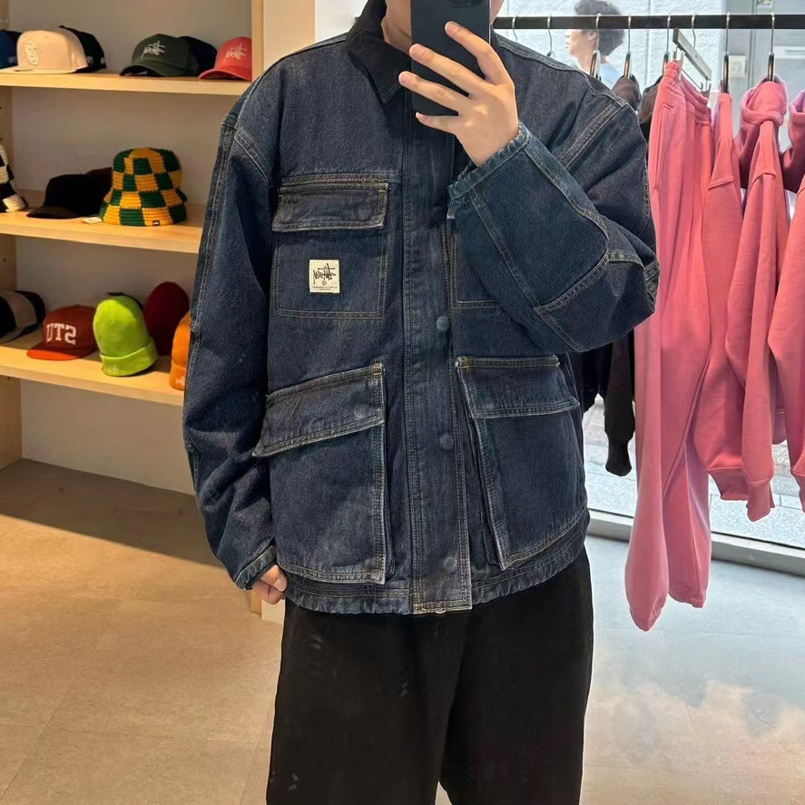 De alta calidad stu Washed Canvas vintage lavada chaqueta de solapa cremallera chaqueta suelta pareja