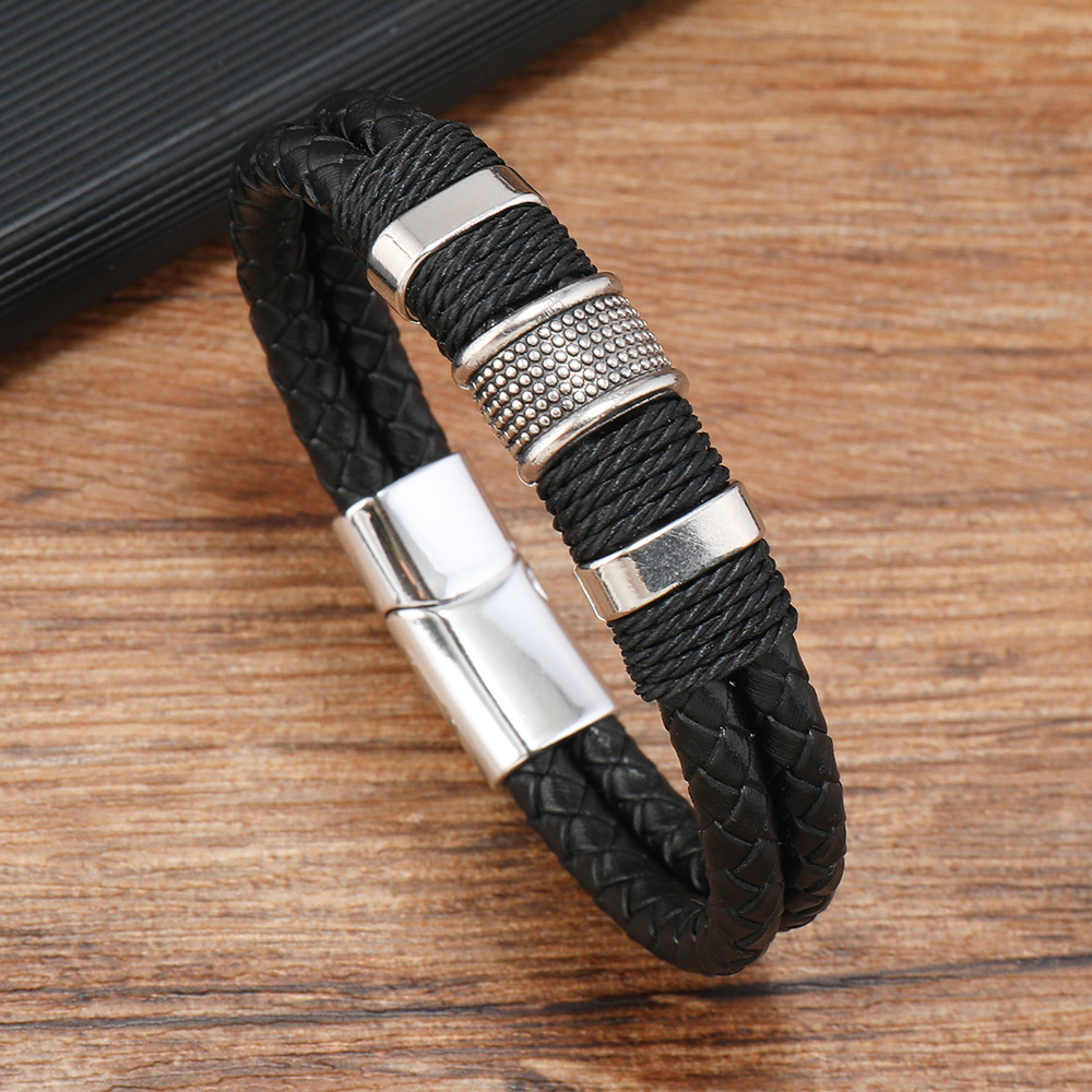 31g Weight Alloy Pendant Material Bracelets Classification Leather Rope Chain Material 1 Piece Quantity Holiday, Daily, Street Occasion Pu Leather, Alloy Material Geometric Pattern Men's Gender Hip-Hop Style Hip-Hop Geometric Pu Leather Alloy Men's Bracelets Men Cord & Leather Bracelets 3