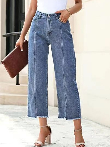 Independent station cross-border women's denim frayed straight leg nine-hole jeans, high-waisted, flattering, versatile jeans