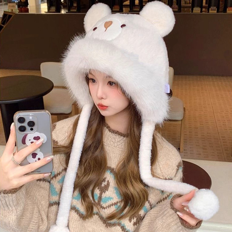 Women's Autumn Winter Beret Thickened Warm Plush Cycling Wide Brim Cute Cartoon Bear Hat Adult Ear Protection_voghion.com