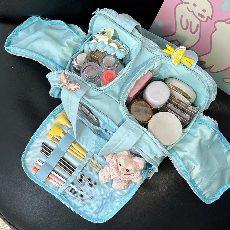 Double-wide Four-opening Large Capacity Fluffy Cosmetic Bag Travel Portable Wash Bag Travel Multi-functional Partition Storage Bag