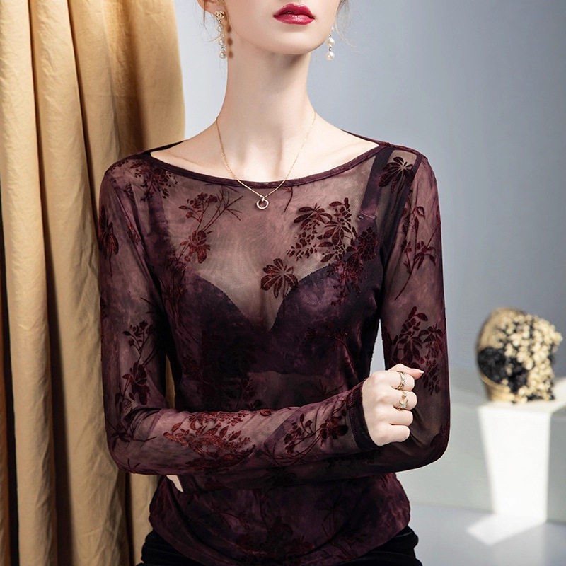 Round Neck Flocked Printed Bottoming Shirt for Women 2025 New Autum Style Inner Style Small Shirt Mesh See-Through Top