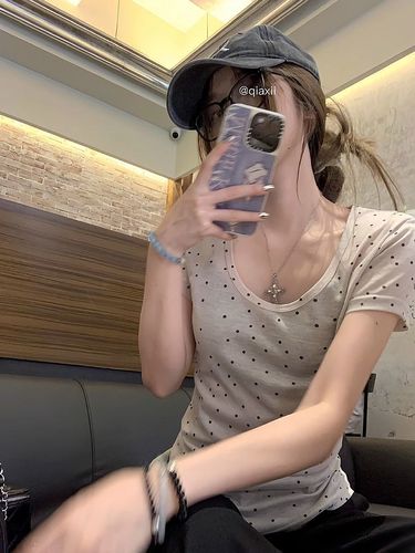 Original Tencel Fabric Women's U-Neck Polka Dot Short-Sleeve T-Shirt Sheer Thin Fitted Base Shirt Straight Shoulder Top