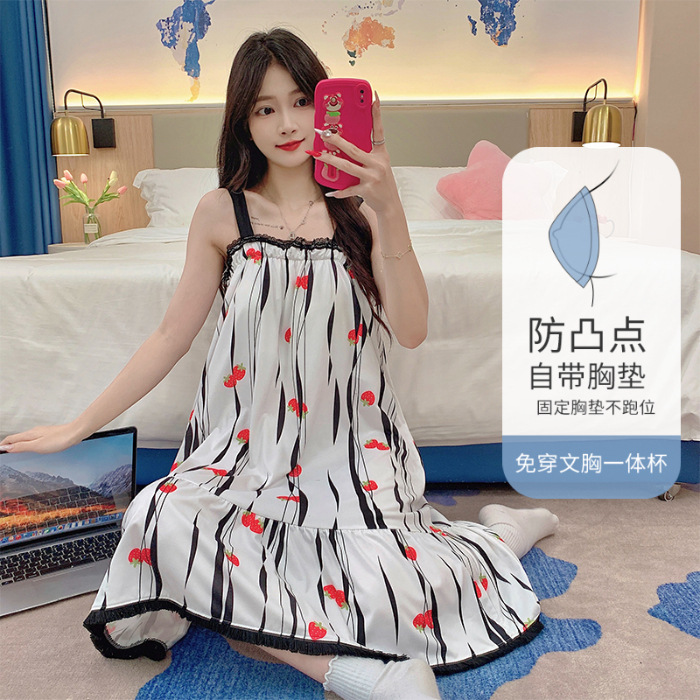 Verano 2024 con cojín de pecho pijama de niñas de algodón cabina pijama suelta dulce estudiante encaje ropa para el hogar