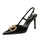 312-K202 French high heels for women, pointed toe, shallow mouth, patent leather, fine heel, gold rhinestone, V-buckle, straight strap, single shoe for women