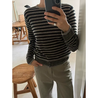时简ACME 羊驼羊毛复古条纹打底衫女秋新圆领下摆开扣针织衫11788
