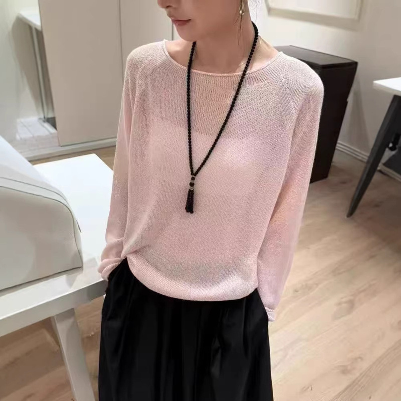 Paper-Like Fabric and Paper Yarn Boat-Neck Slimming Slightly Sheer Knit Top for Women, 2026 Spring New Loose Top Paper-Like Fabric and Paper Yarn Boat-Neck Slimming Slightly Sheer Knit Top for Women, 2026 Spring New Loose Top