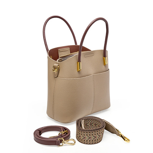 Spring/Summer  Niche Genuine Leather Bucket Bag Women's Versatile Style Handbag High-end Casual Crossbody Bag Cowhide Bag