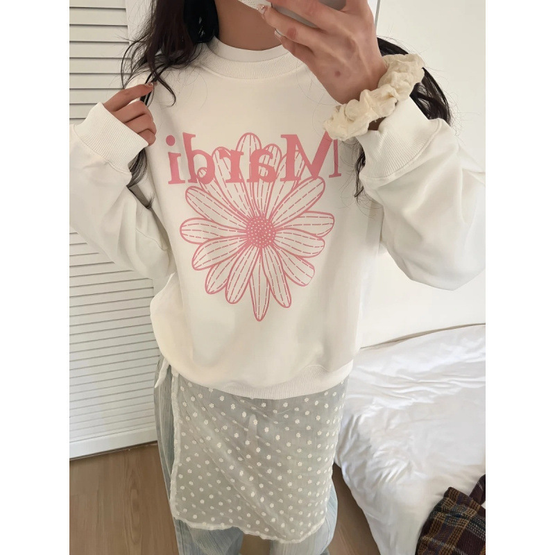 韓国のトレンディなブランドスウェットシャツ女性のためのデイジー新しいプリント刺繍ラウンドネックトップ春薄いスウェットシャツ|undefined