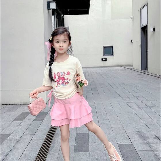 Korean Style Girl's Cute T-shirt suit Summer New Style Drawstring Top Korean Style Sweet and Spicy Style Two-piece Fashionable Skirt