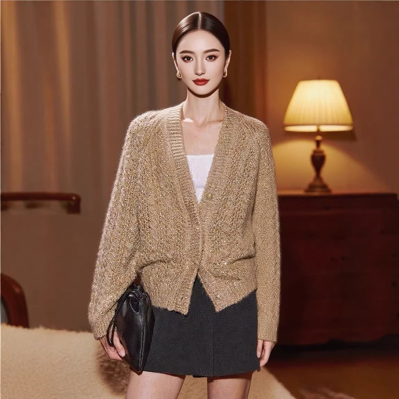 Nanyou High-End Women's Clothing Bc Same Yarn Gentle Star-Shine Minimalist V-Neck Knitted Cardigan Factory Only Accepts Orders