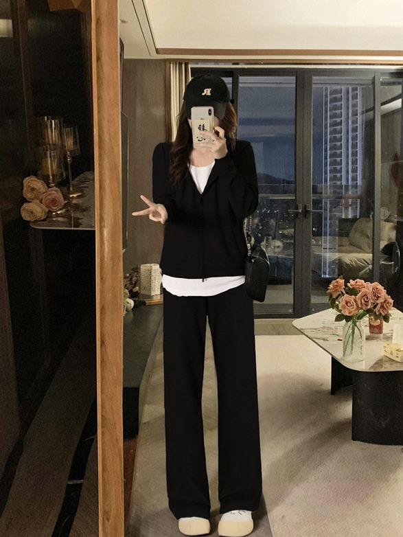 大码女装早秋新款新款假两件上衣显瘦+阔腿裤两件套|undefined