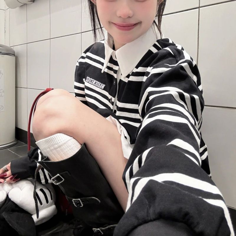 时尚春季新款甜辣妹套装POLO领条纹长袖女高腰半身裙两件套ins潮|undefined