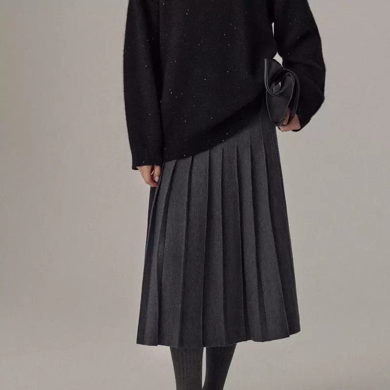 现货RUIS可机洗支知识分子风A字遮肉显瘦百褶半身裙女冬新款百搭