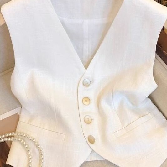 Old Money Style White Linen V-Neck Vest for Women, Summer French V-Neck Sleeveless Blazer, Chic Cut-Out Shoulder Top