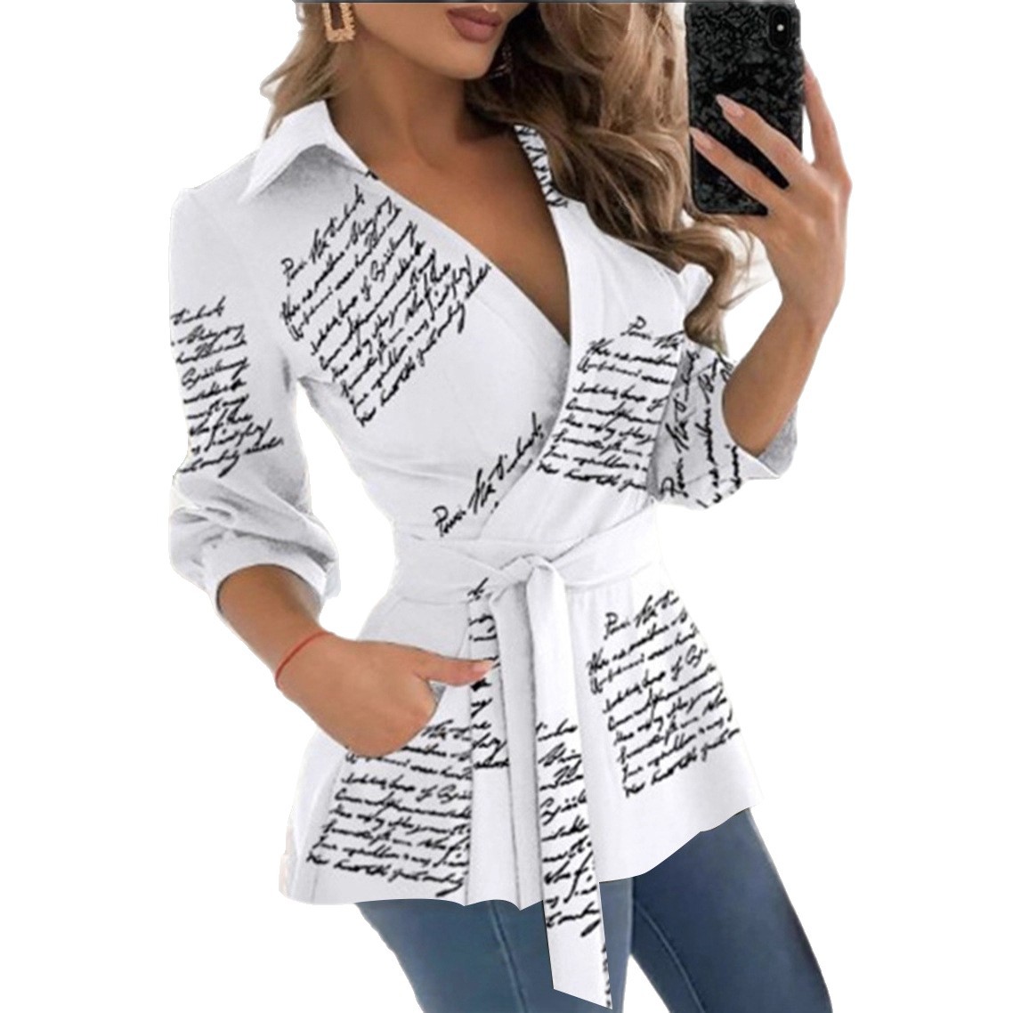 2023 estación independiente deseo Amazon popular otoño nuevo impreso manga larga cuello en V cinturón camisa para las mujeres