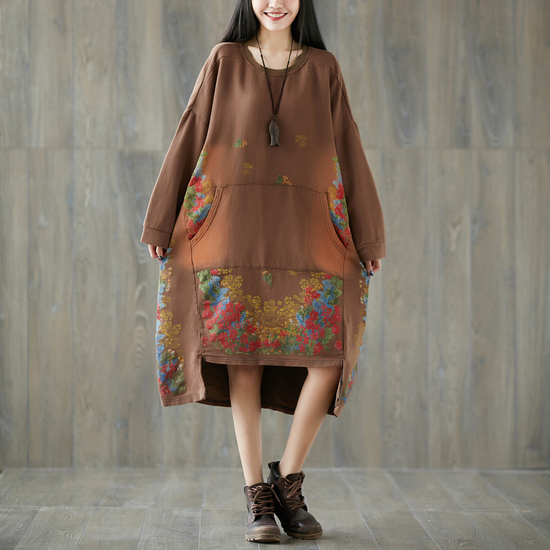 2025 Spring Floral Print Distressed Mid-Length Sweatshirt for Women, Plus Size, Pastoral Style Patchwork Dress, Crew Neck, Wanderings