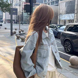 欧式水洗棉复古牛仔外套女春秋薄款韩版宽松ins短款长袖衬衫女