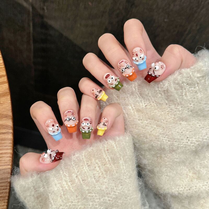 Yihe Manicure Cartoon Funny Cute Colorful Three-Dimensional Hand-Painted Pinch Contrast Color Ugly Removable Fake Nails