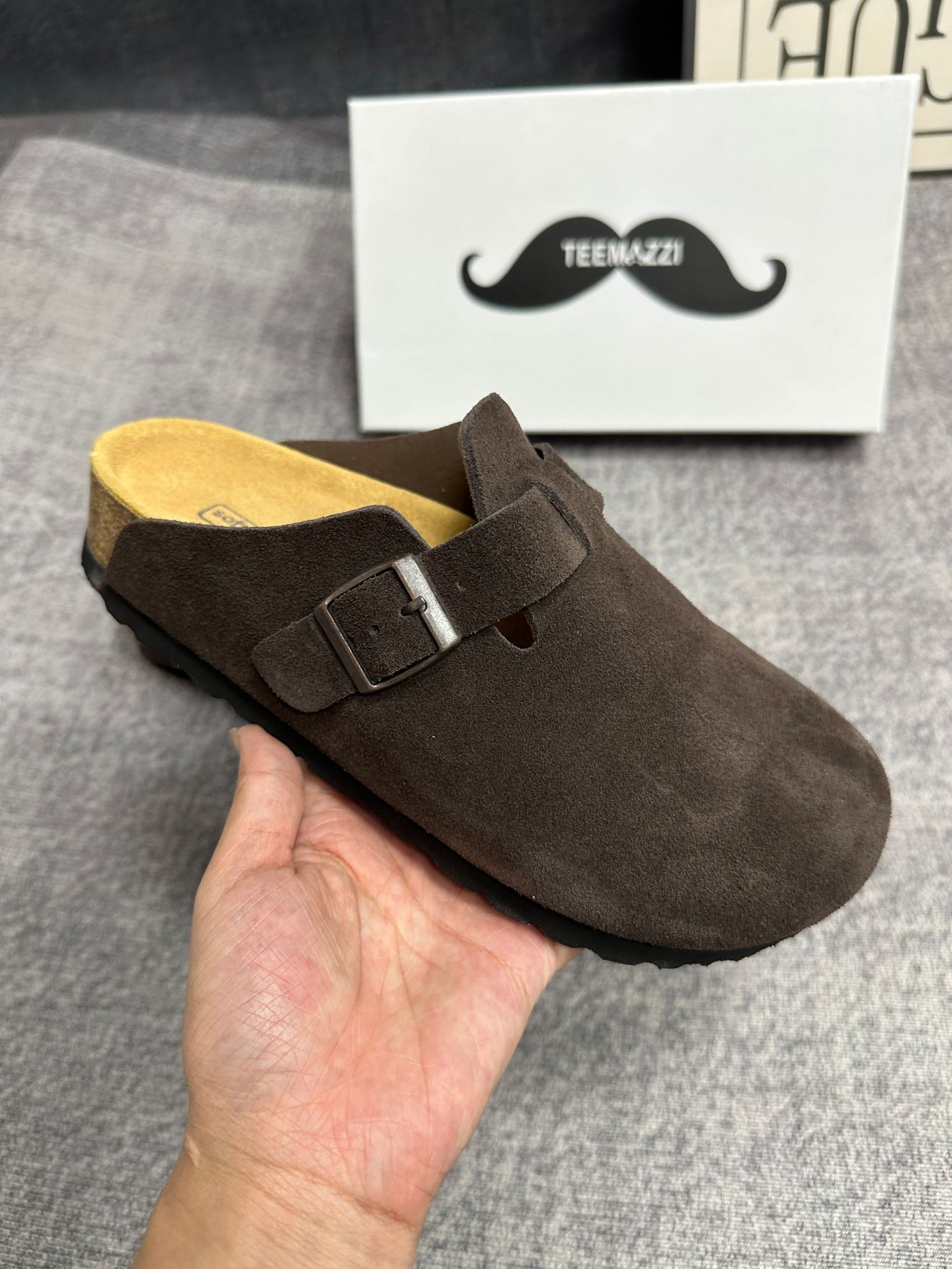 TEEMAZZI ganado de vello con zapatillas de cuero perezosas, zapatillas de moda versátiles con base de corcho Bocken image 12