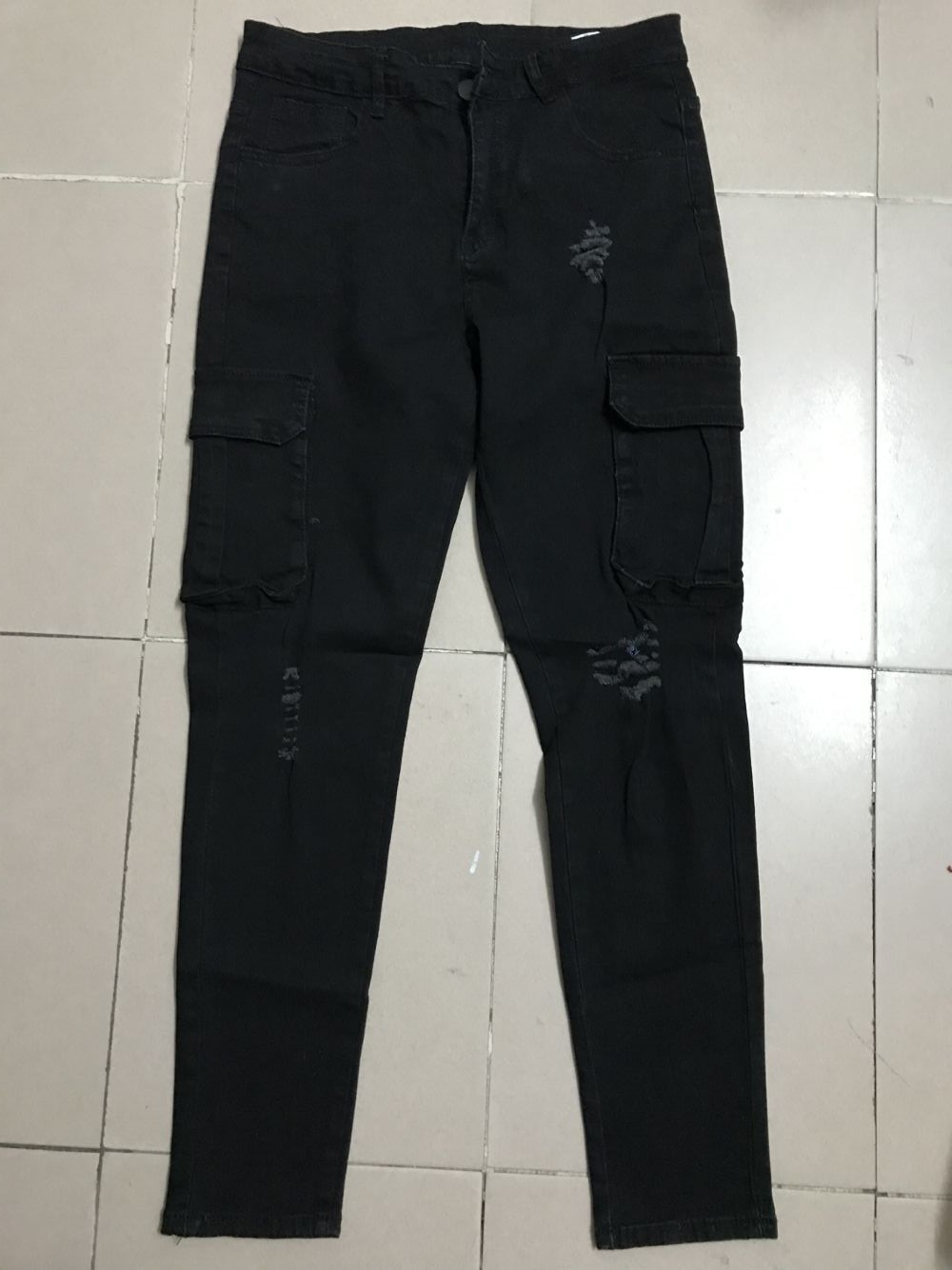 Pantalones vaqueros de trabajo de mezclilla de alta calidad para hombre, con múltiples bolsillos y agujeros, elásticos y pernera estrecha._voghion.com
