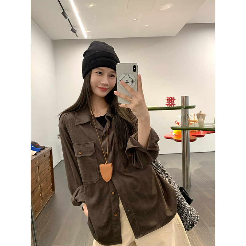 Baishiwang Soft Mist Texturous Vintage Tooling Style Suede Shirt Women's Autumn and Winter Loose Long-sleeved Shirt Jacket Baishiwang Soft Mist Texturous Vintage Tooling Style Suede Shirt Women's Autumn and Winter Loose Long-sleeved Shirt Jacket