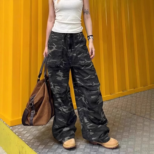 American Style Retro Camouflage Jeans Women's All-match Fashionable Drawstring Adjustable Loose Loose Casual Work Pants