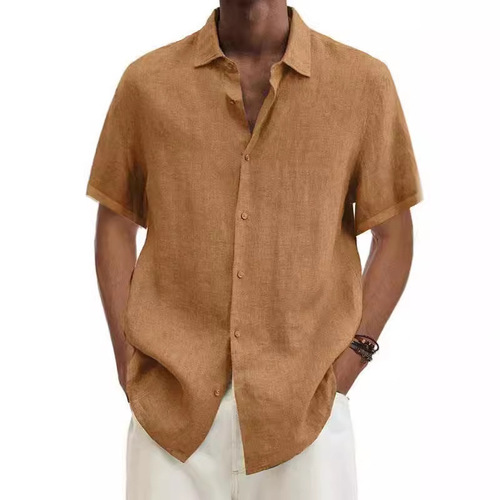 2025 Independent Station Wish Amazon Best Sellers - Summer V-Neck Buttoned Cotton-Linen Plain Men Fashion Shirt