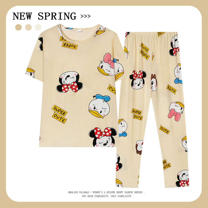 Amazon Hot Selling Cute Girl Summer Pajamas Women's Cartoon Short Sleeve Trousers Small Man Home Clothes Round Neck suit