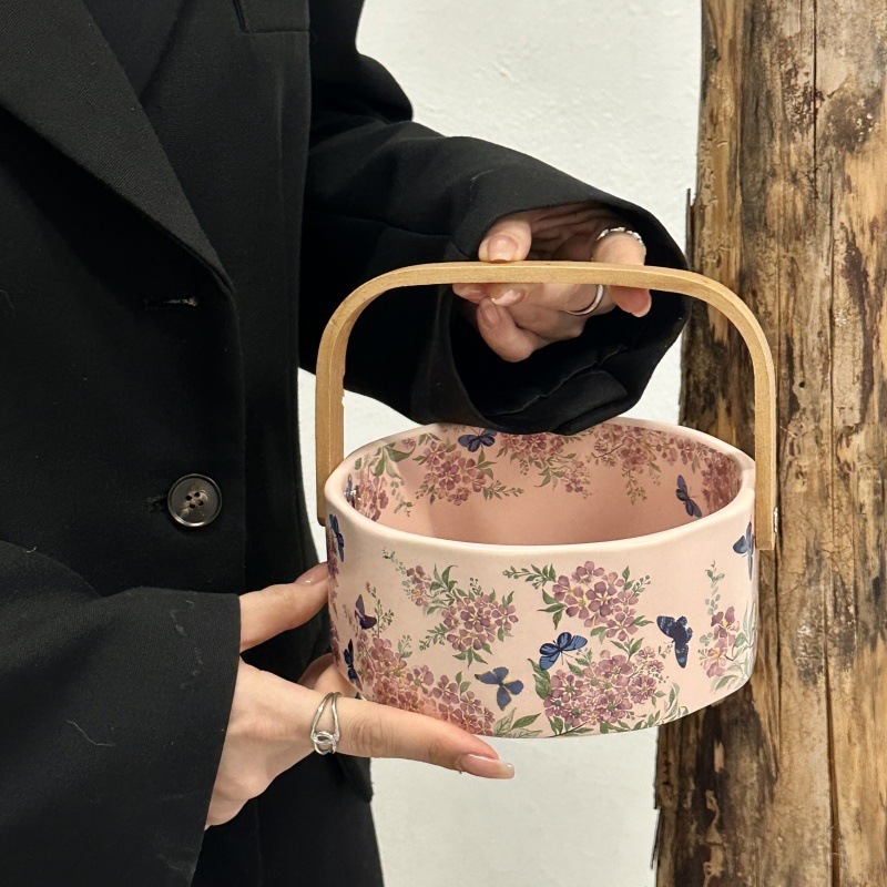 レトロ紫薇花陶磁器果青家庭用リビングドライ果キャンディー菓子盤手提げ果物青お土産礼箱|undefined